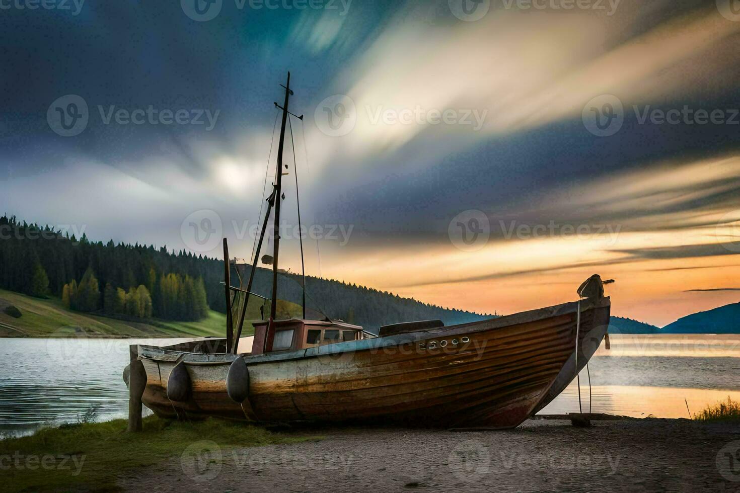 un barco se sienta en el apuntalar de un lago a puesta de sol. generado por ai foto