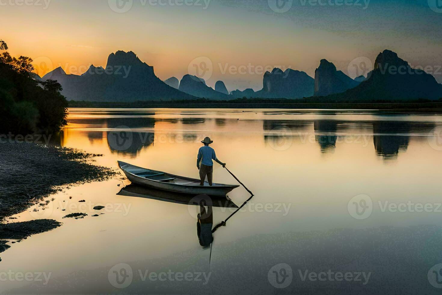 a man in a boat on the river at sunset. AI-Generated photo