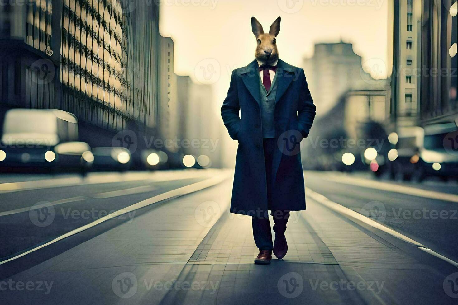 a rabbit wearing a suit and tie walking down a city street. AI-Generated photo