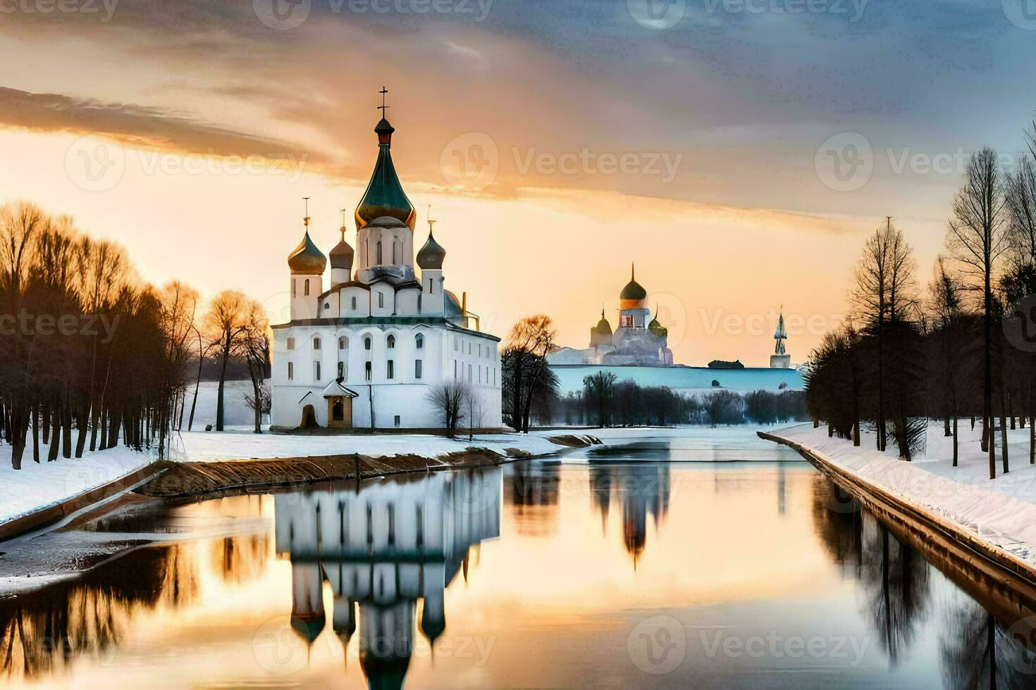 el kremlin y el río en invierno. generado por ai foto