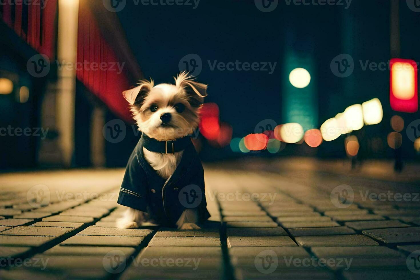 a small dog wearing a jacket on a street at night. AI-Generated photo