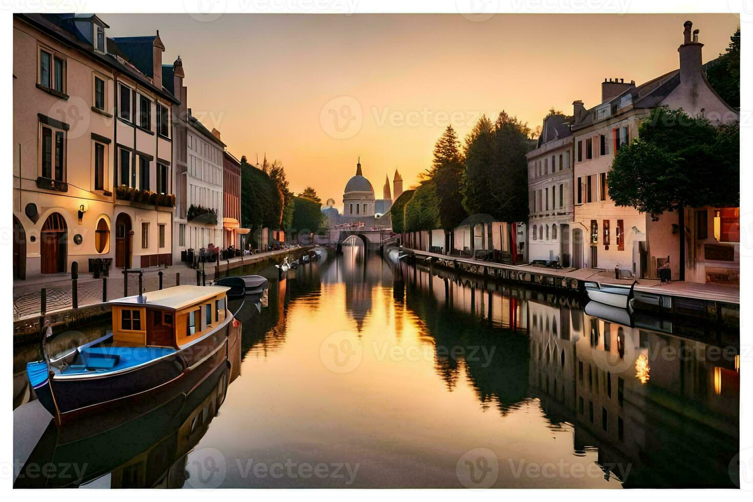 a boat is docked in a canal at sunset. AI-Generated photo