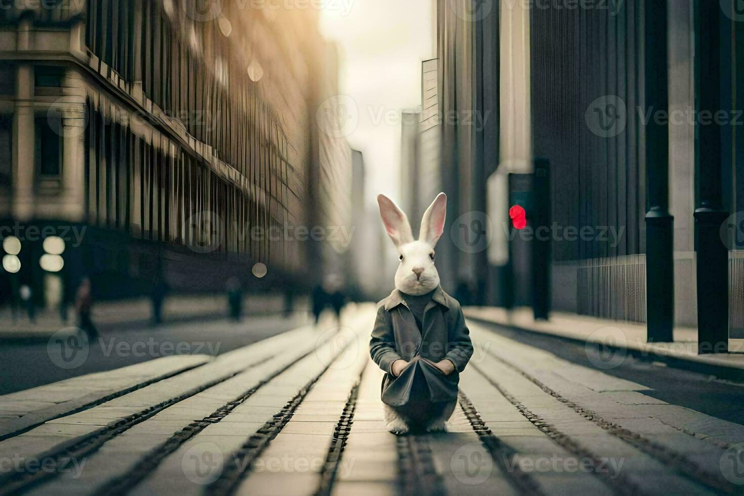a rabbit in a suit standing on a street. AI-Generated photo