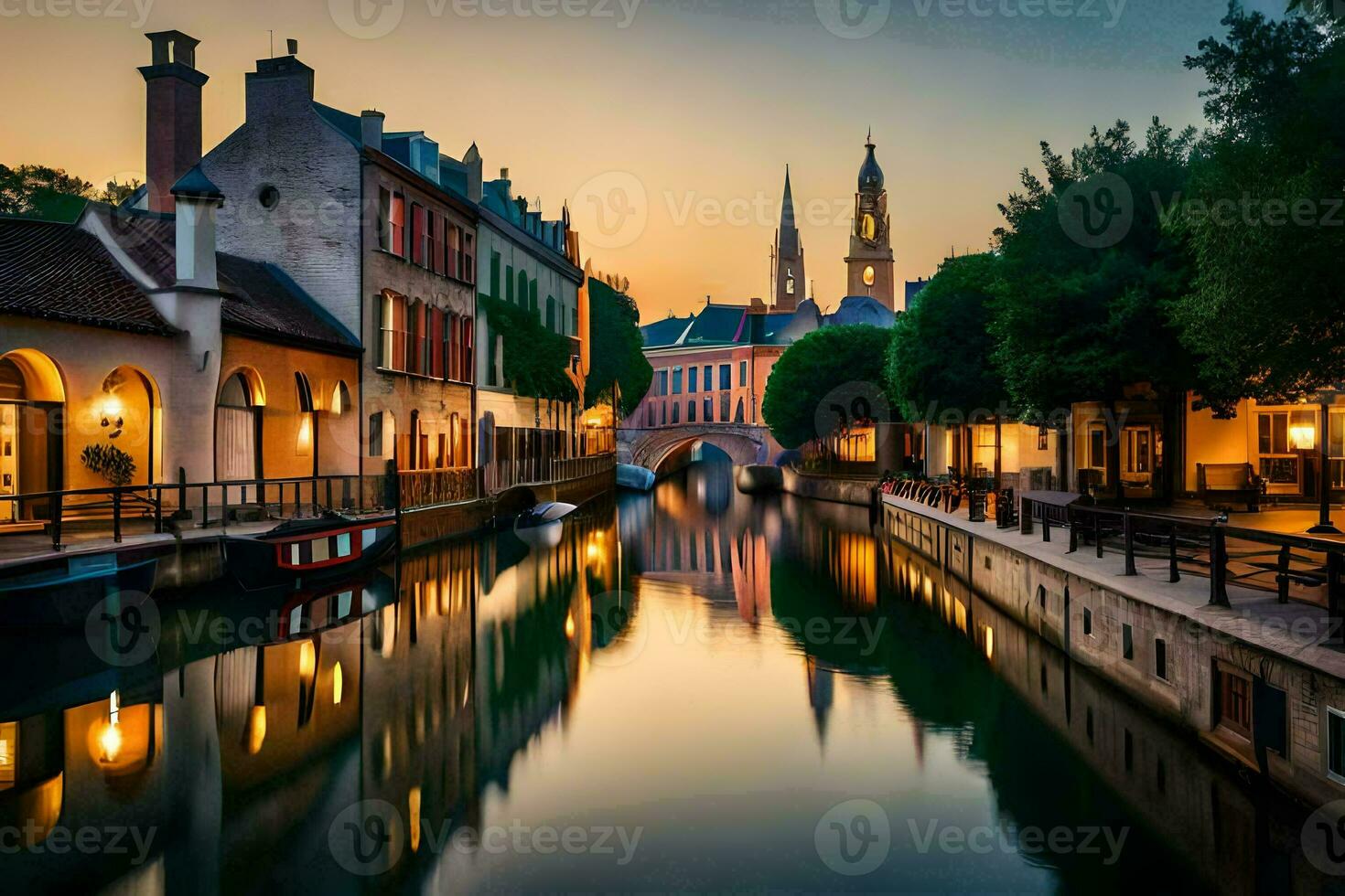 el canal en brujas a puesta de sol. generado por ai foto