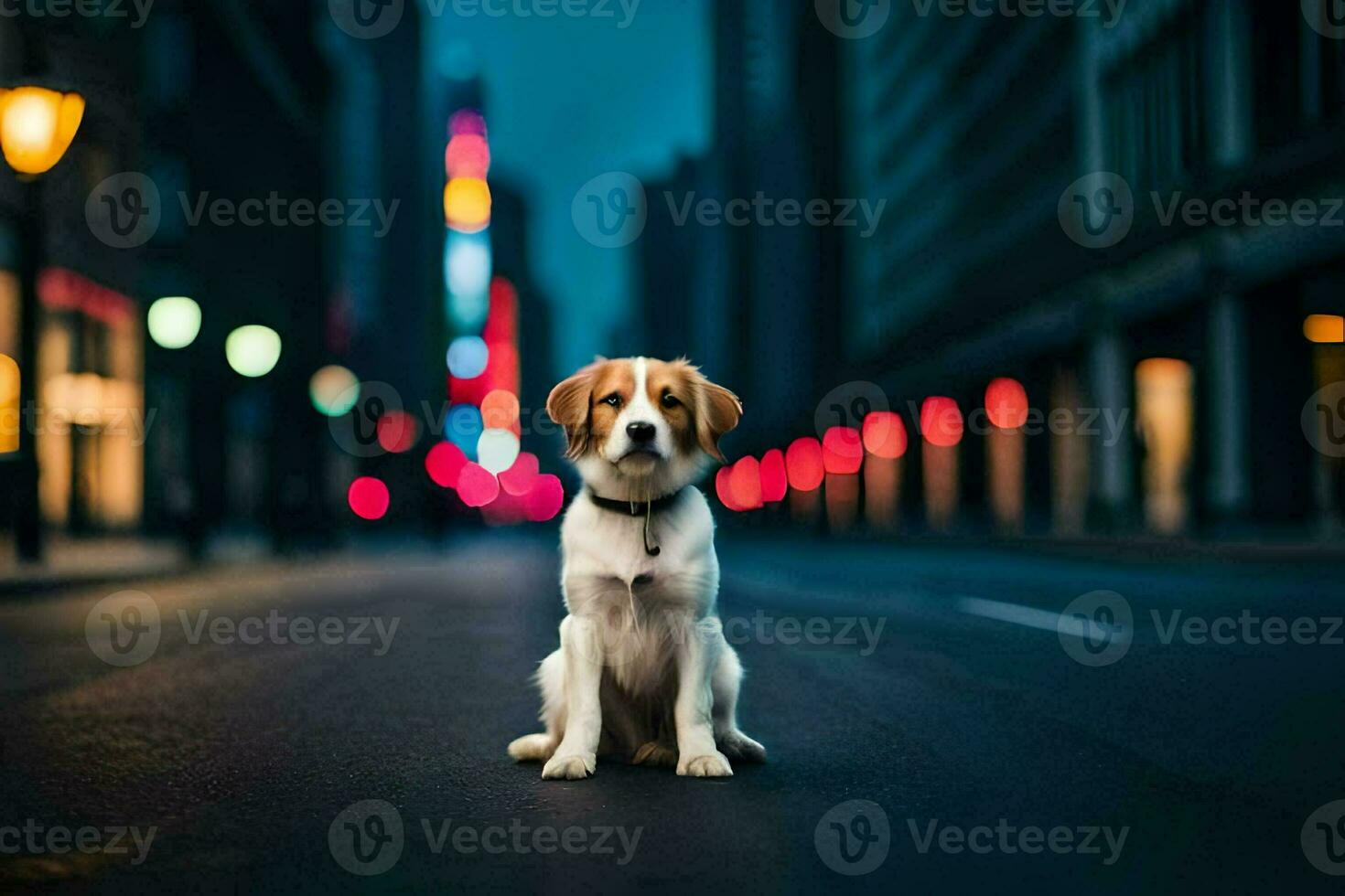 a dog sitting on the street at night. AI-Generated photo