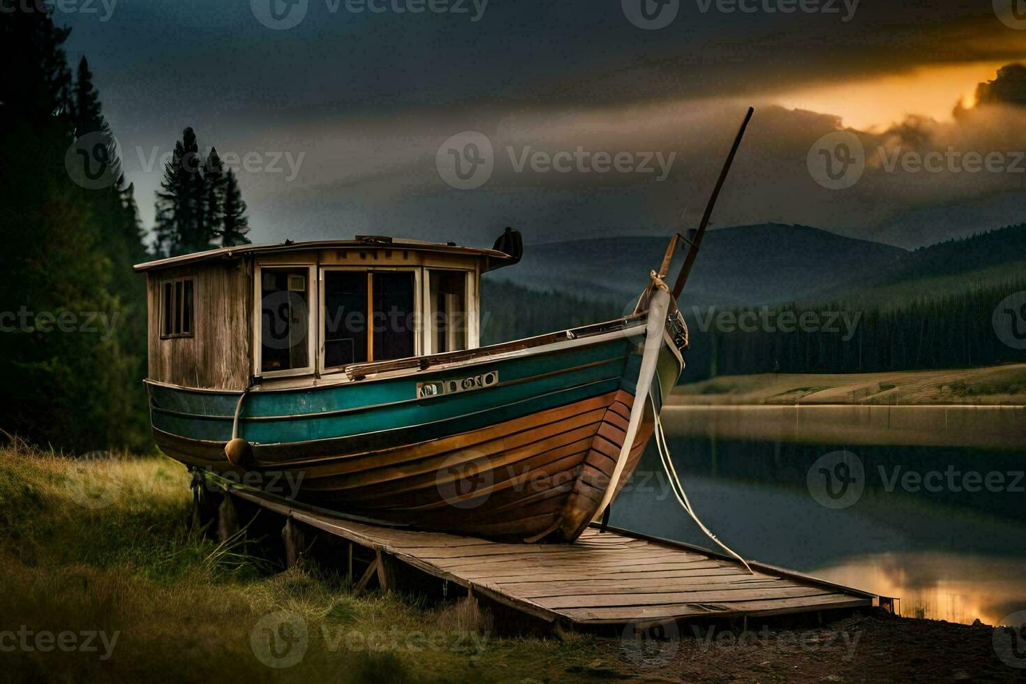 a boat sits on the dock at sunset. AI-Generated photo