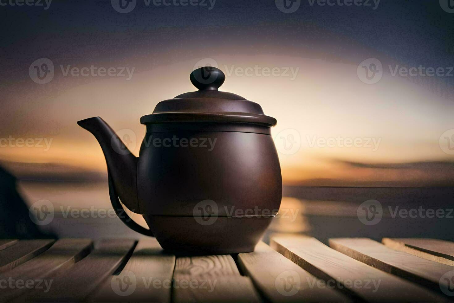 a teapot on a wooden table with the sun setting behind it. AI-Generated photo