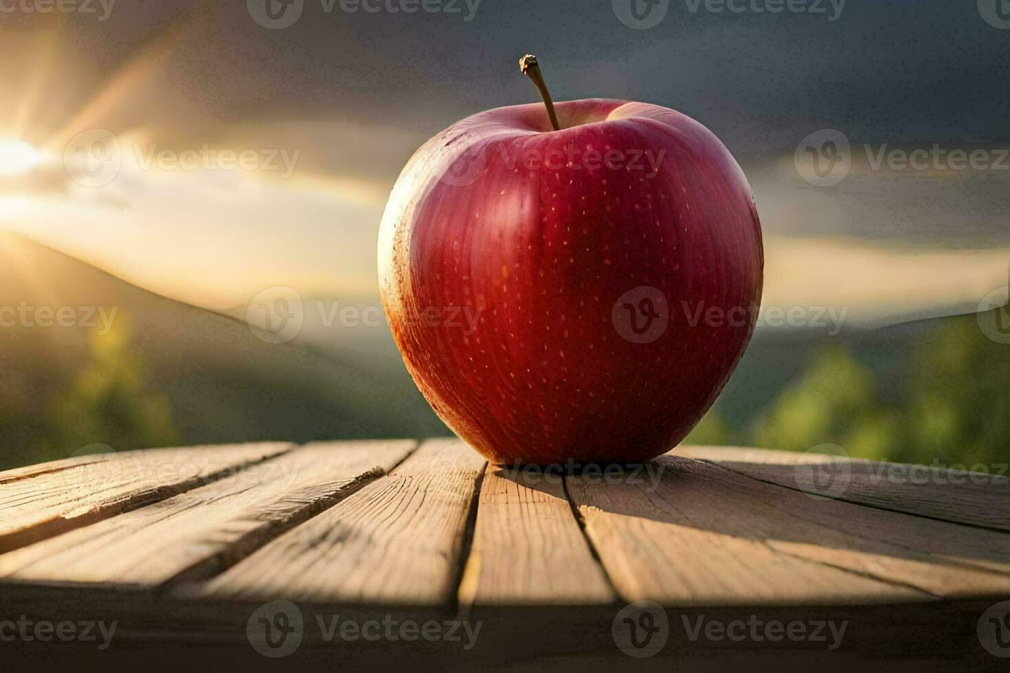 an apple sits on top of a wooden table. AI-Generated photo
