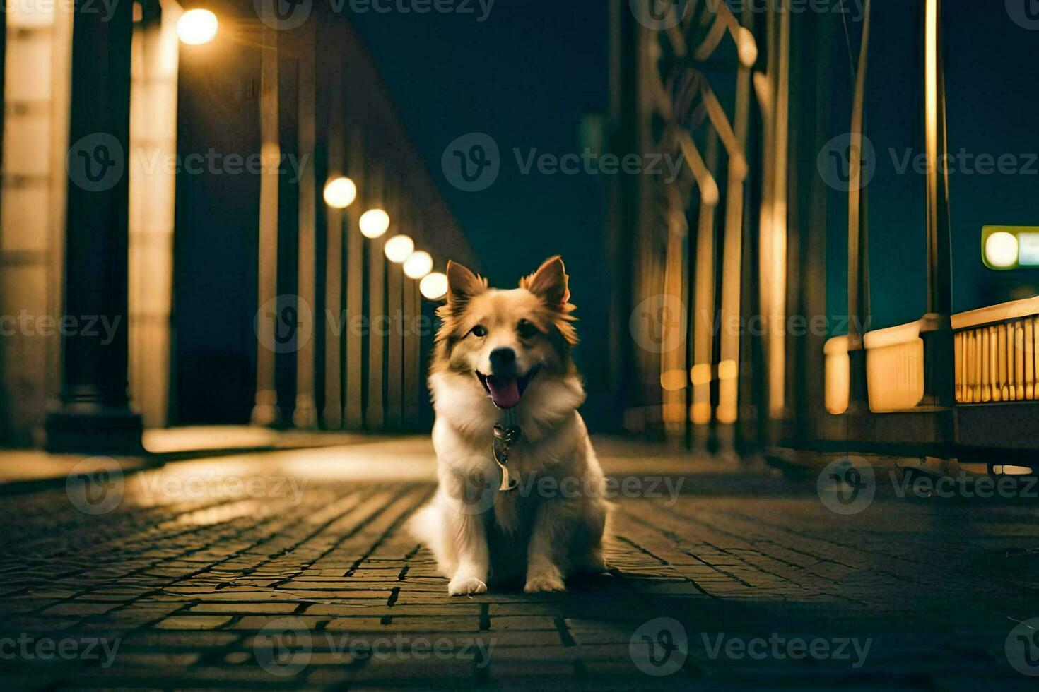 un perro sentado en un puente a noche. generado por ai foto