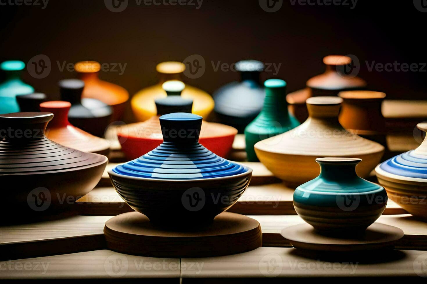 a collection of colorful vases on a table. AI-Generated photo