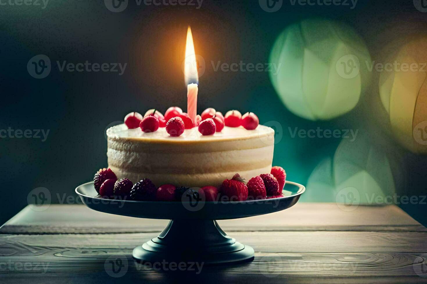 a birthday cake with a single candle on top. AI-Generated photo