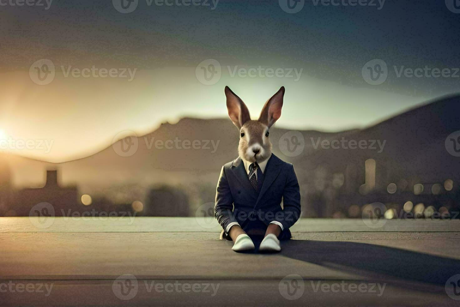 a rabbit in a suit sitting on a ledge. AI-Generated photo