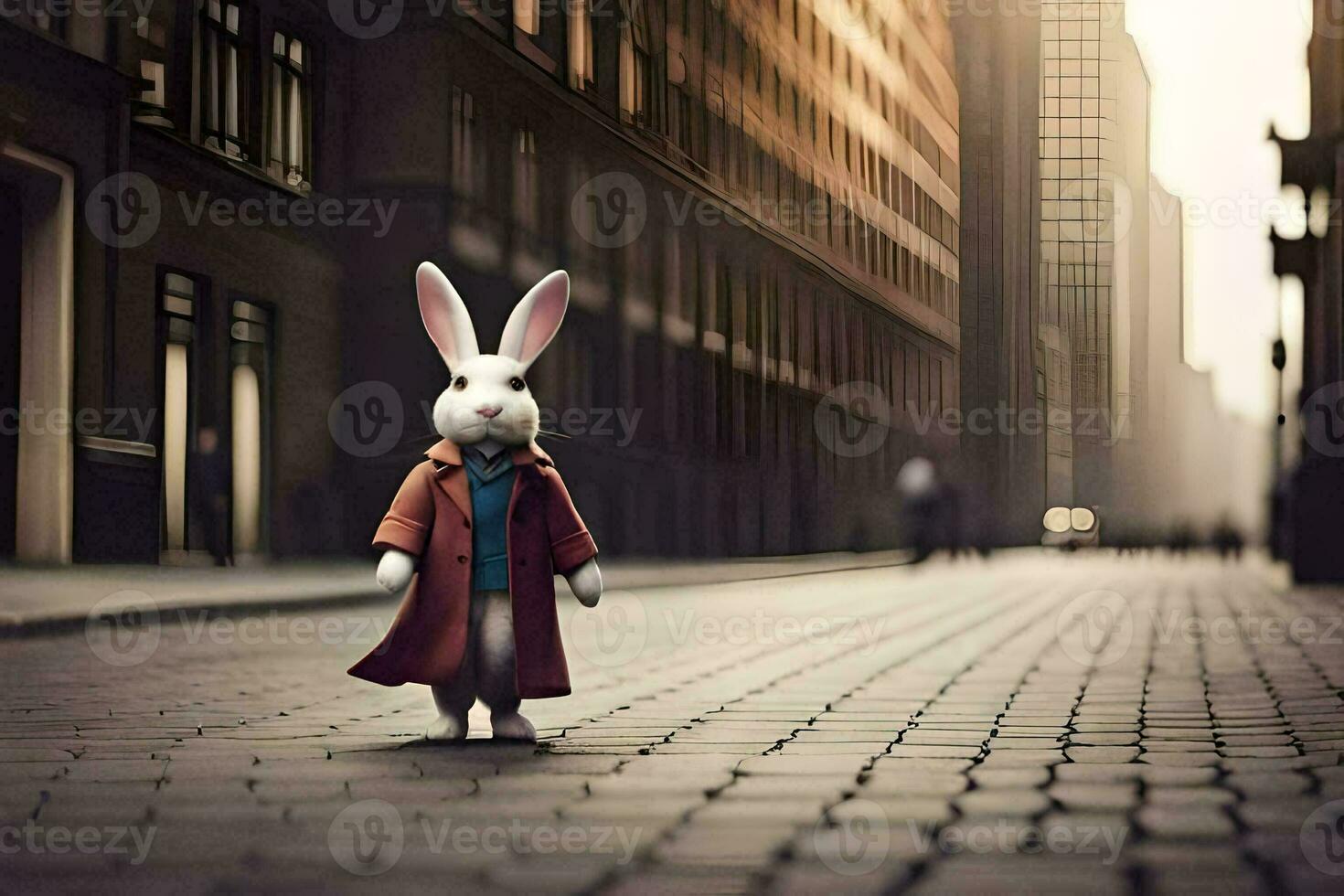 a rabbit in a red coat standing on a street. AI-Generated photo
