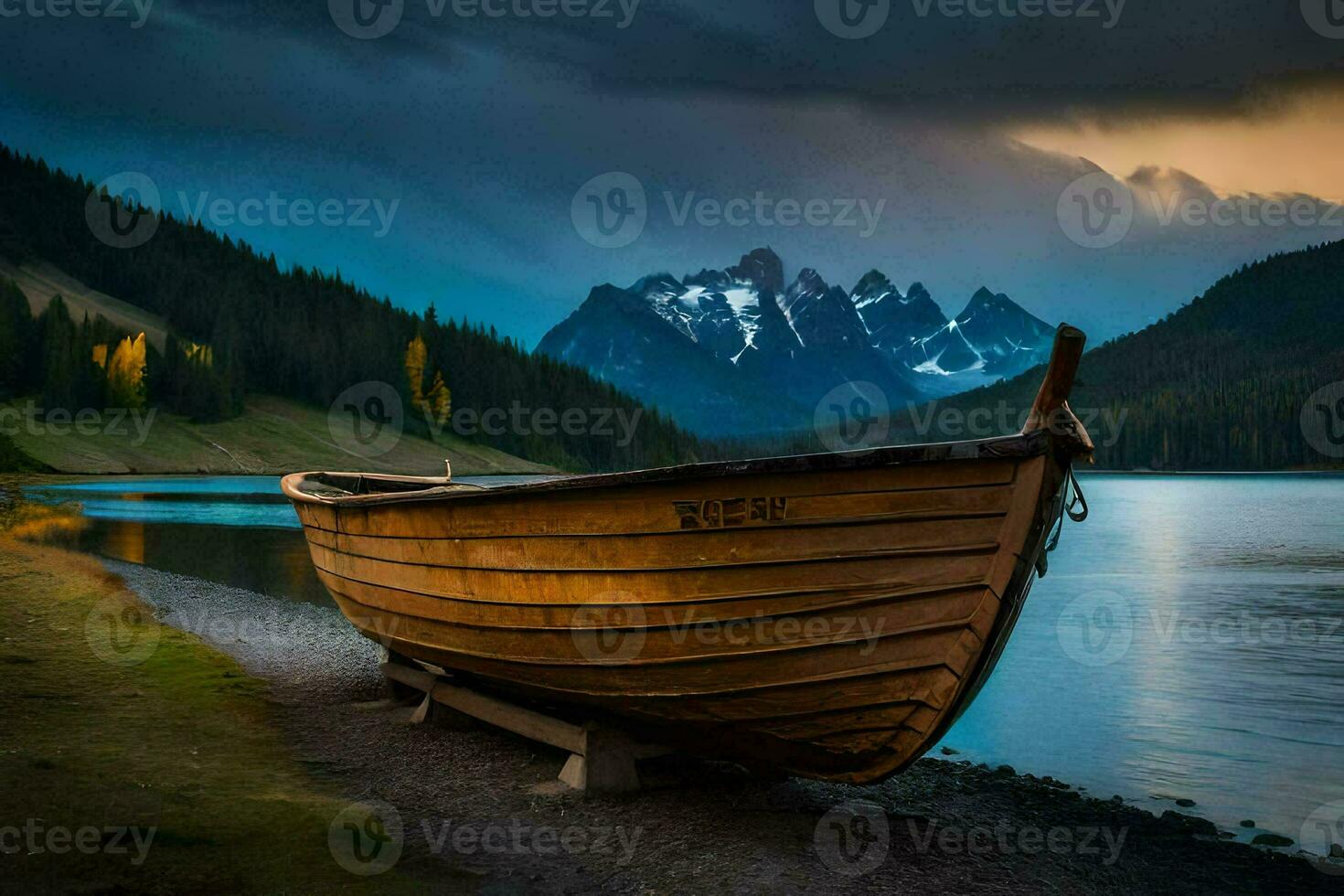 a boat sits on the shore of a lake with mountains in the background. AI-Generated photo