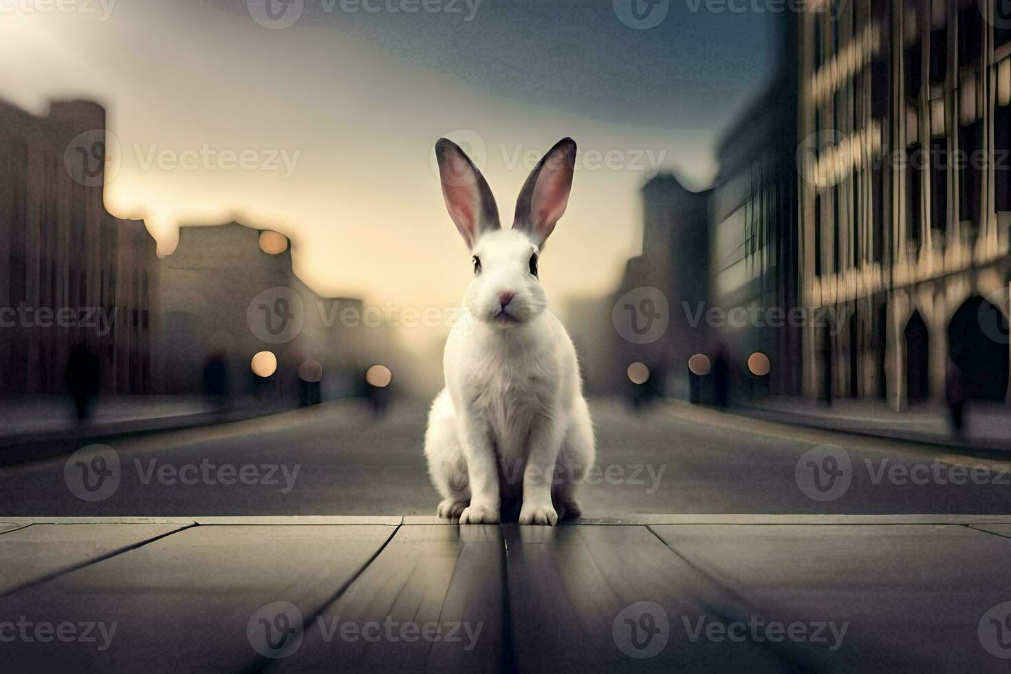 a white rabbit is sitting on the ground in a city. AI-Generated photo