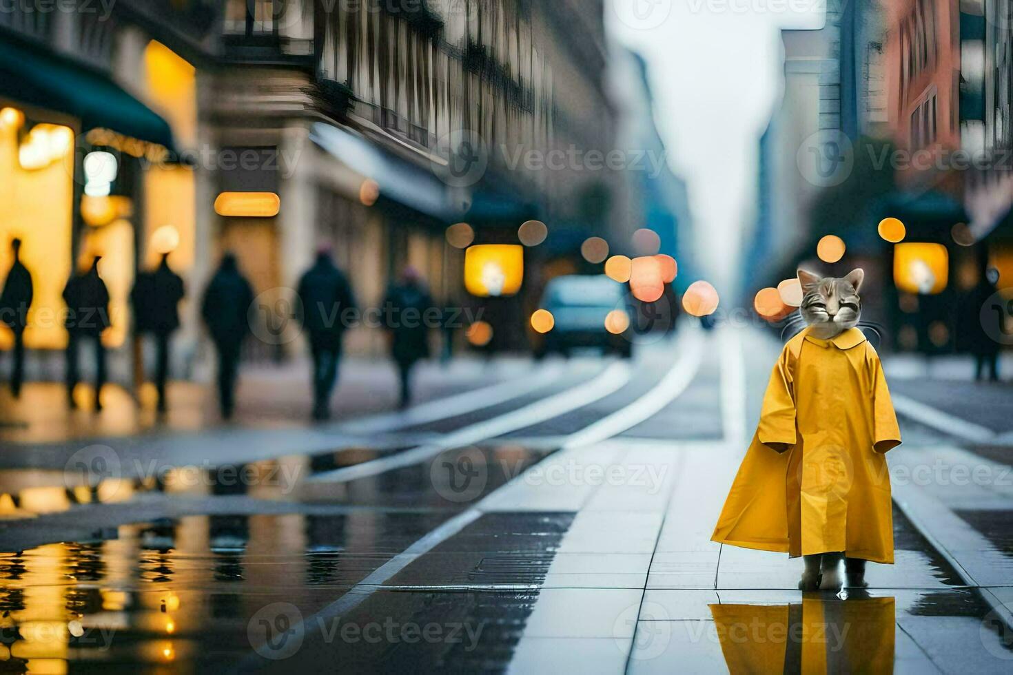 a cat in a yellow raincoat standing on a city street. AI-Generated photo