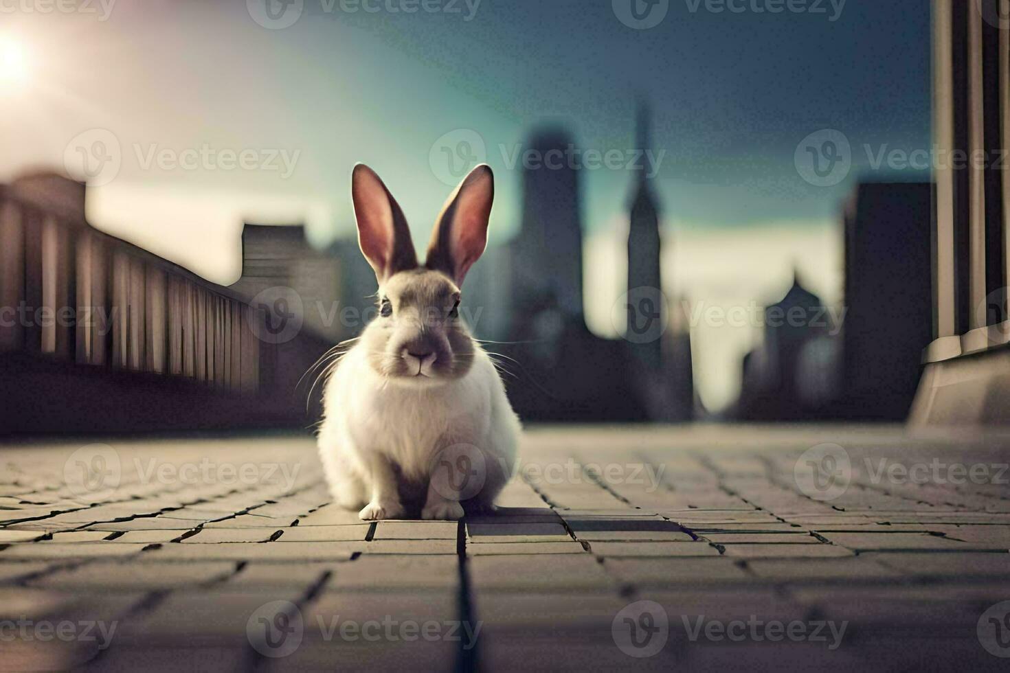 a rabbit is sitting on a brick walkway in front of a city. AI-Generated photo