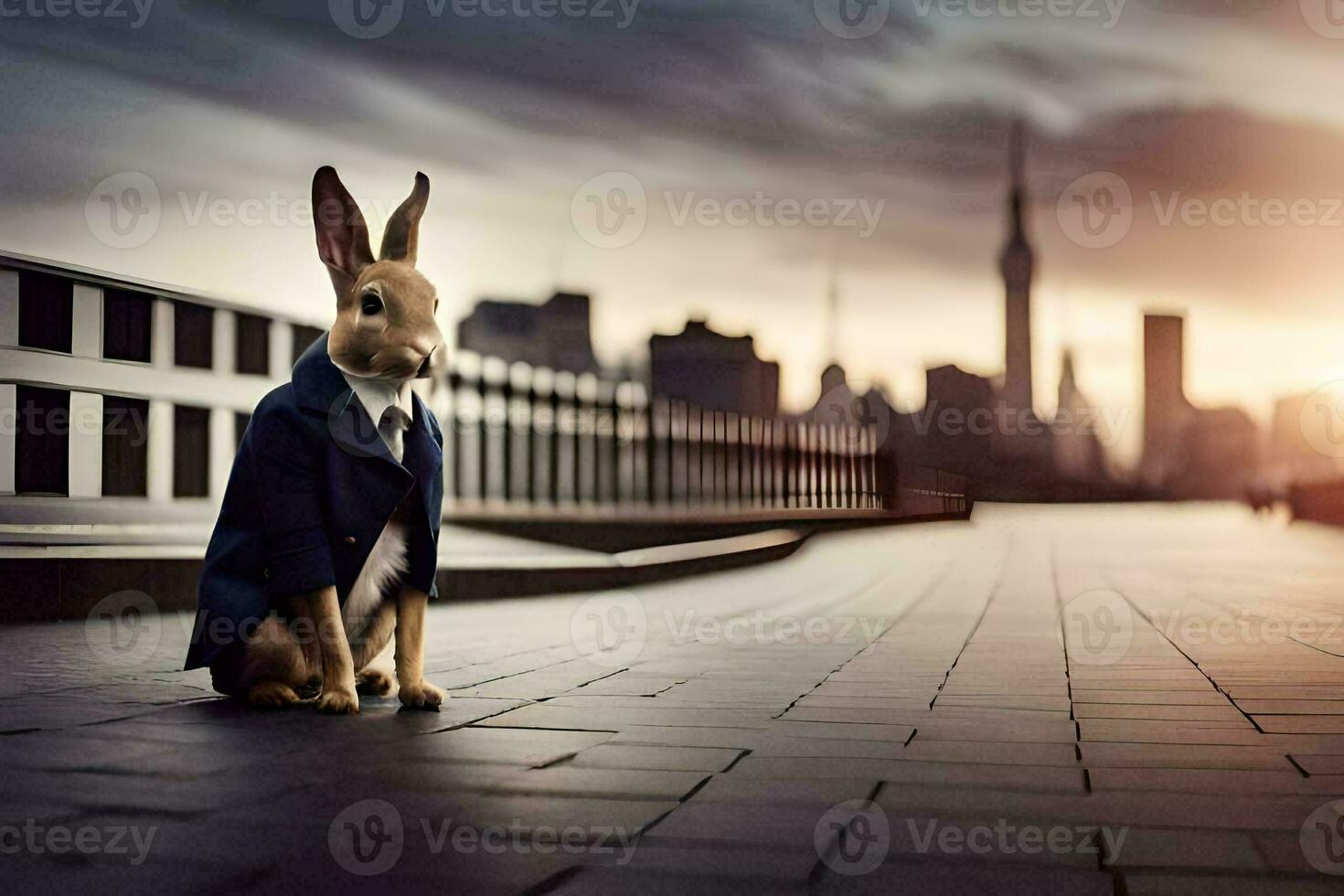 a rabbit wearing a suit and tie sitting on the sidewalk. AI-Generated photo