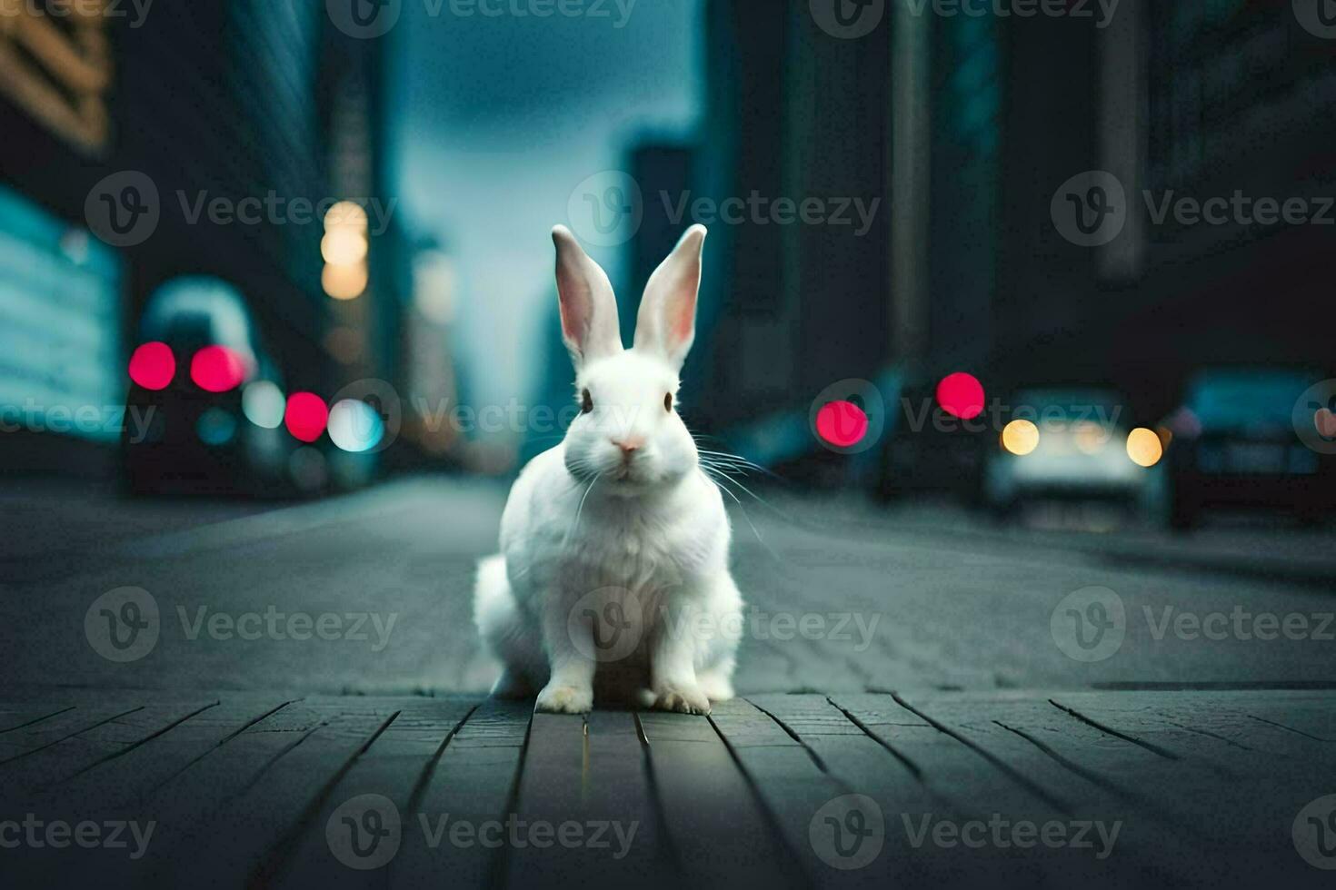 a white rabbit sitting on the street in front of a city. AI-Generated photo