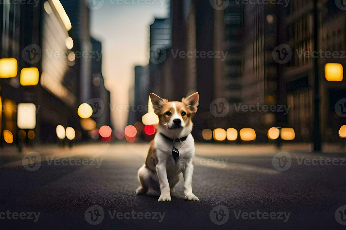 a dog sitting on the street in the middle of a city. AI-Generated photo