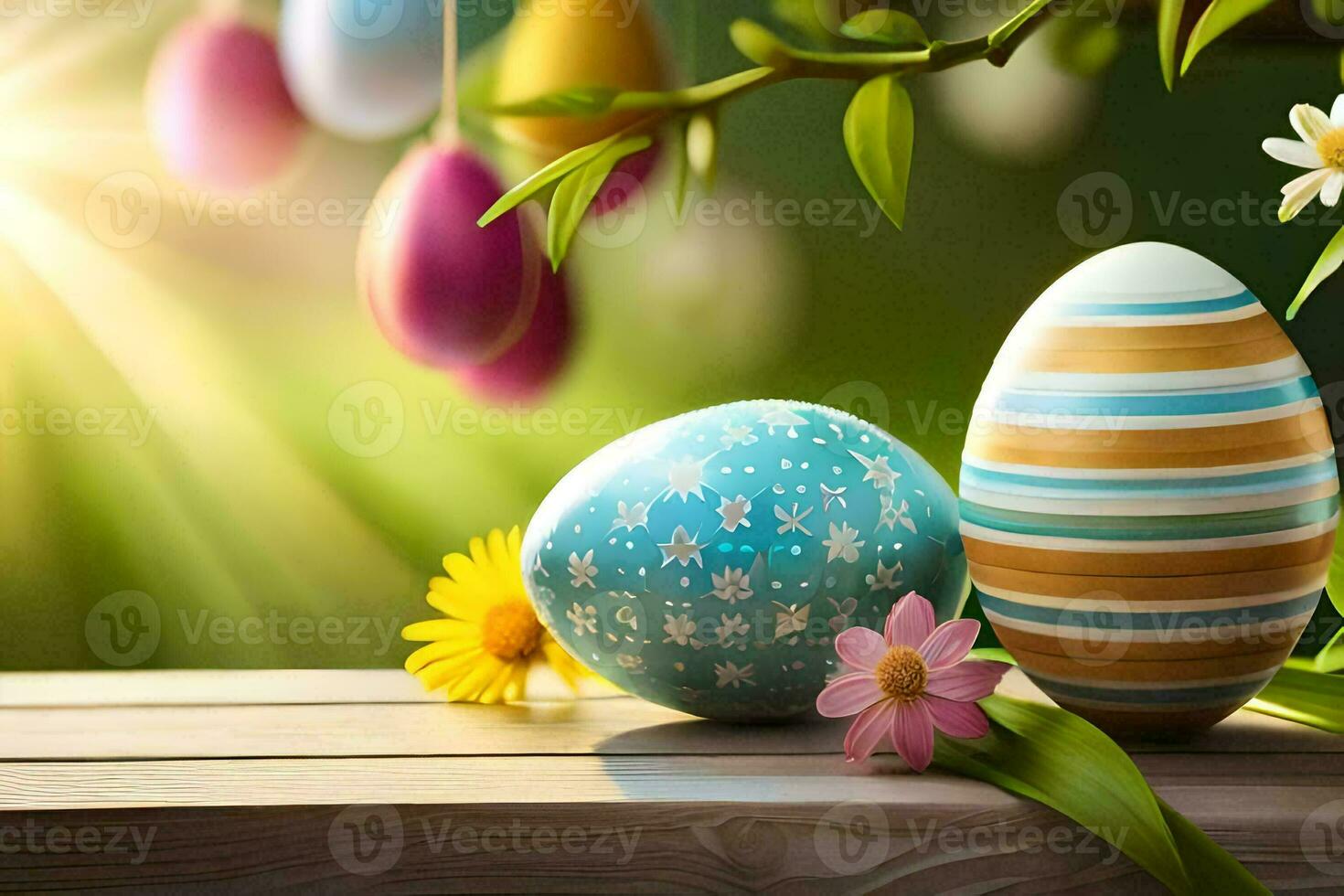 easter eggs on a wooden table with flowers and sun. AI-Generated photo