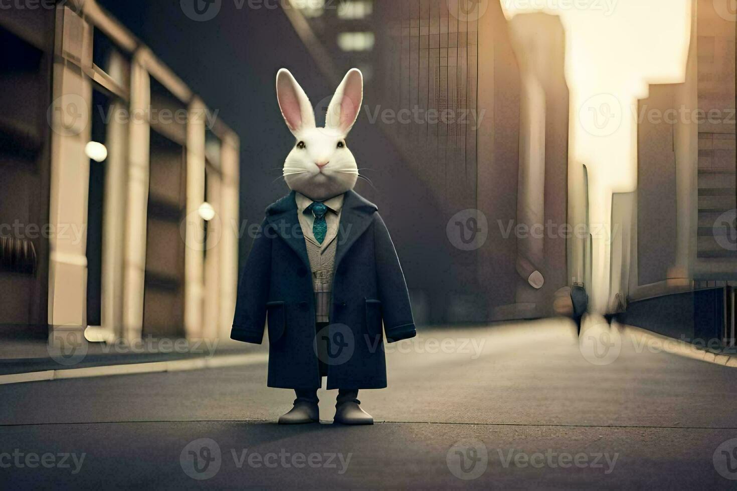 a rabbit wearing a suit and tie standing in the middle of a city street. AI-Generated photo
