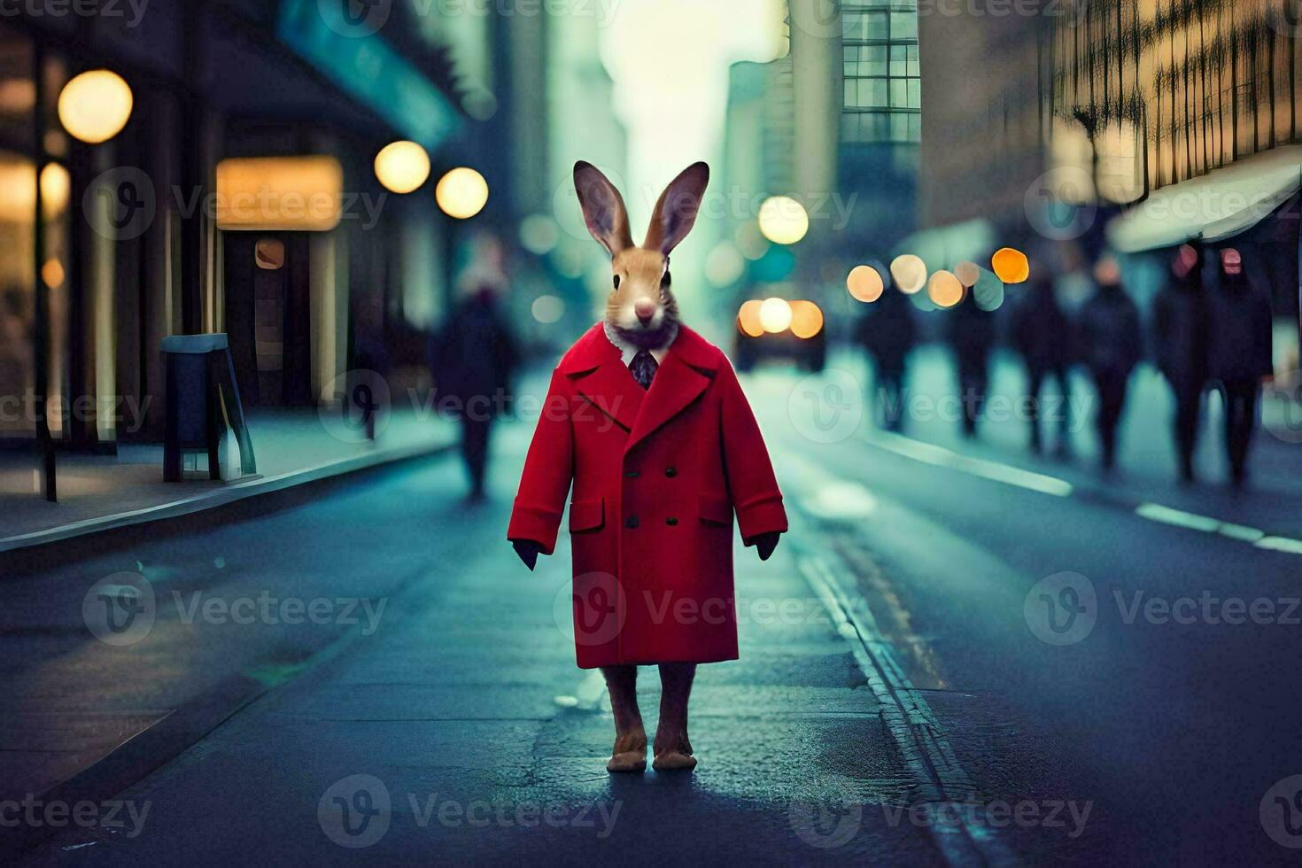 a rabbit wearing a red coat and standing on a city street. AI-Generated photo
