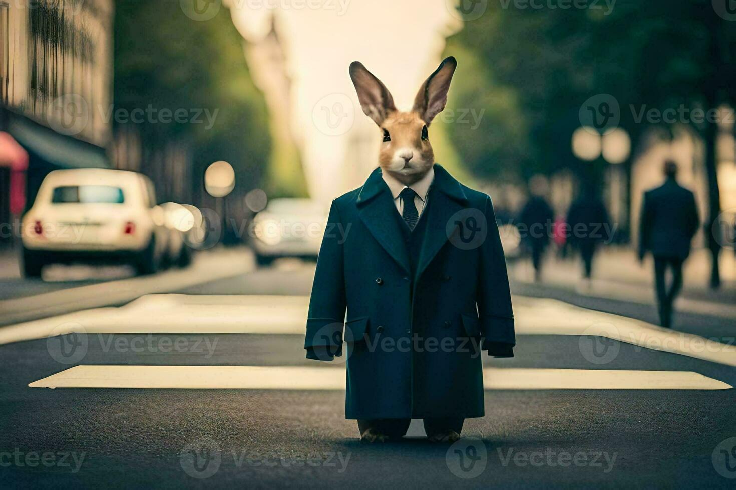 a rabbit dressed in a suit and tie standing on the street. AI-Generated photo