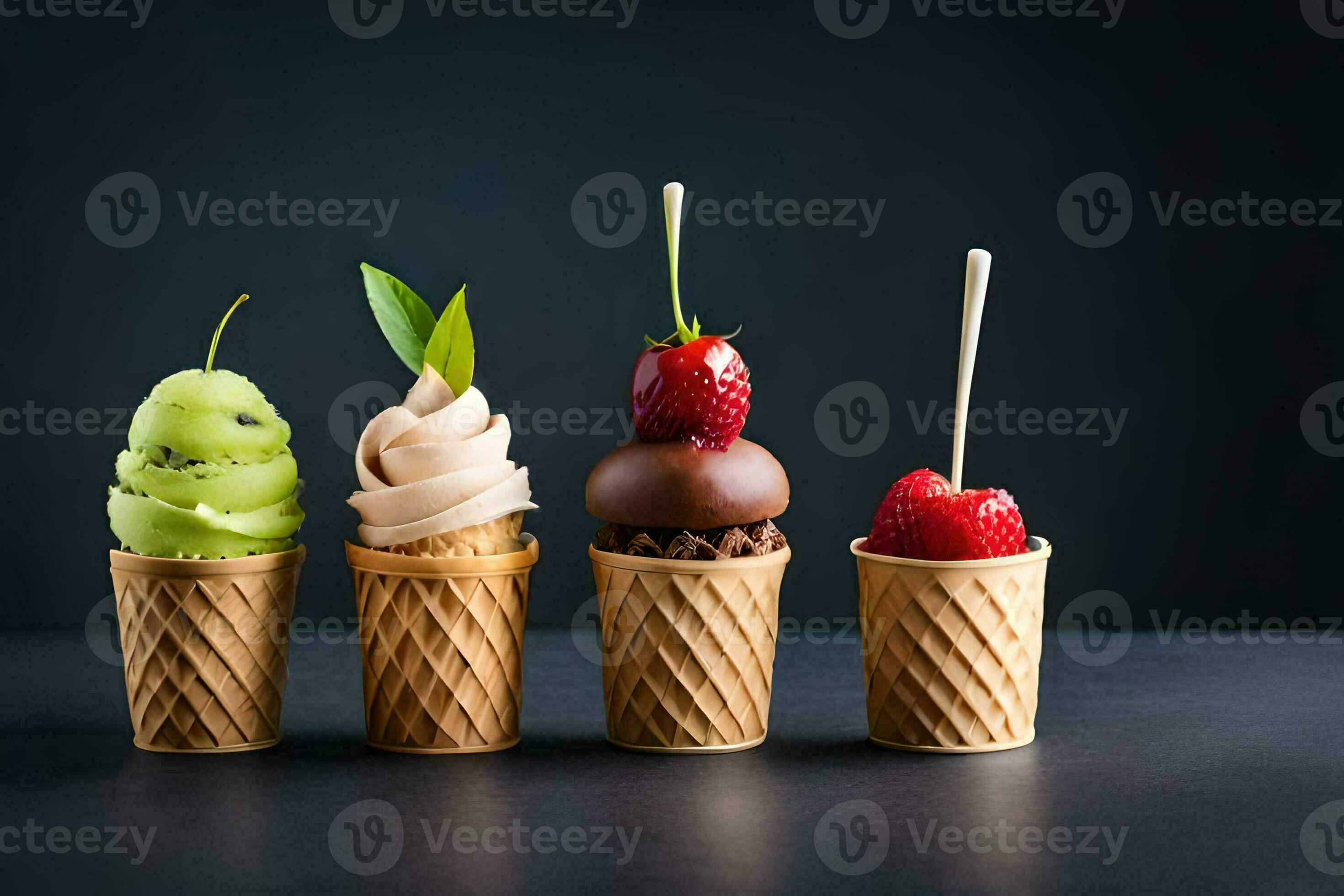 five ice cream cones with different types of desserts. AI-Generated