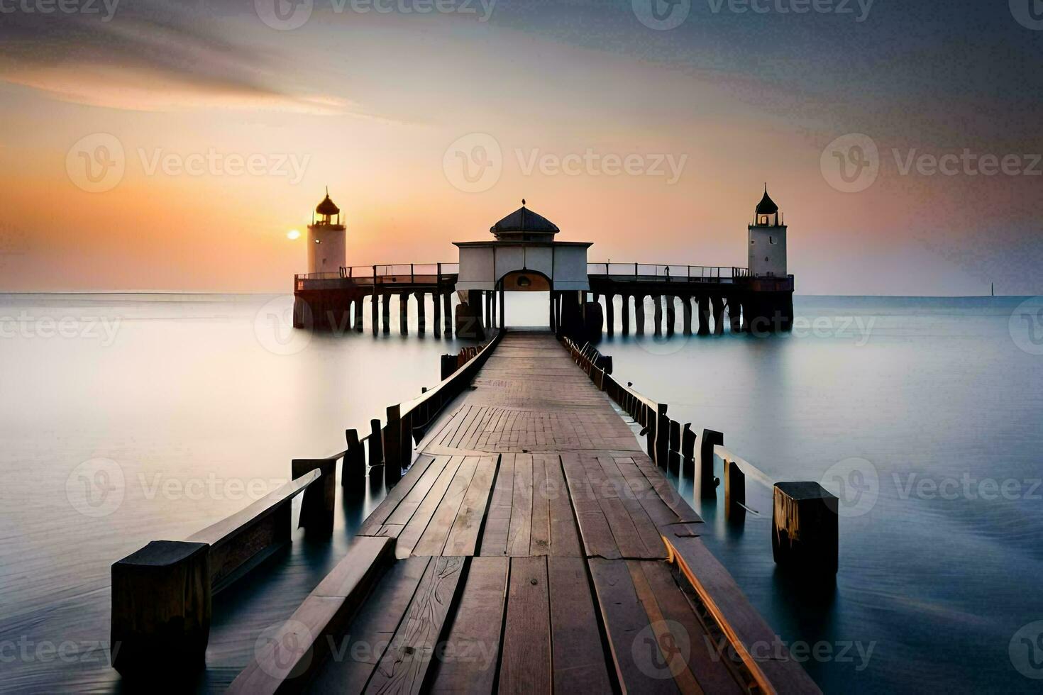 un muelle con un faro a puesta de sol. generado por ai foto