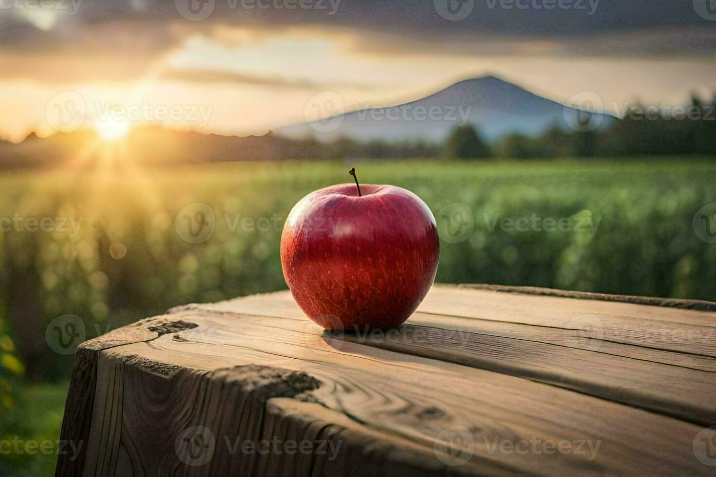 apple on a wooden table in the field. AI-Generated photo