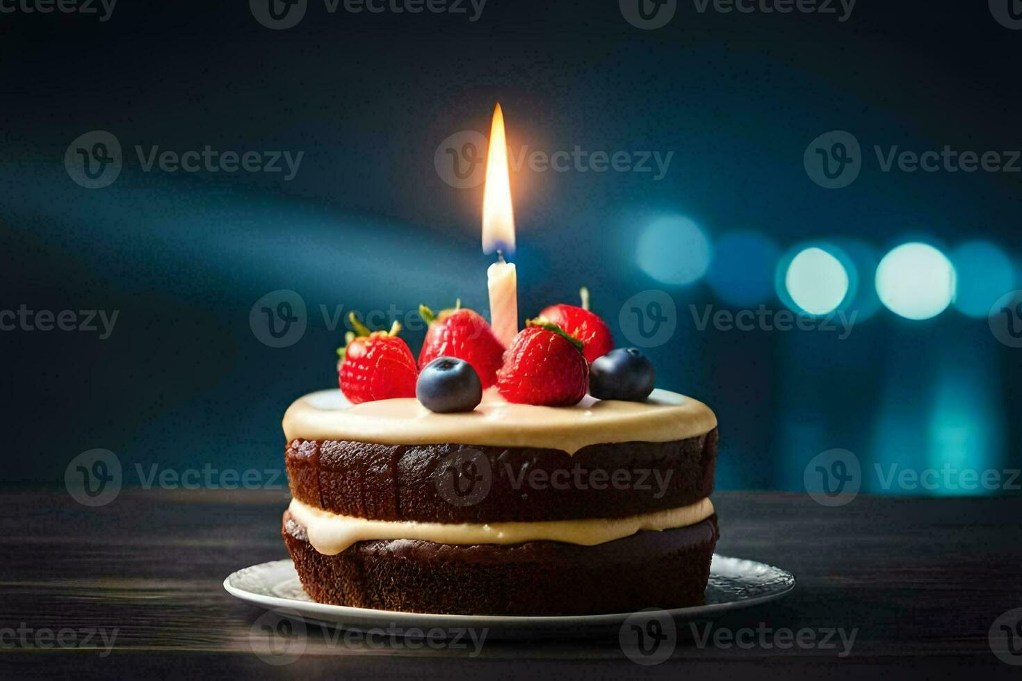 a birthday cake with a lit candle. AI-Generated photo