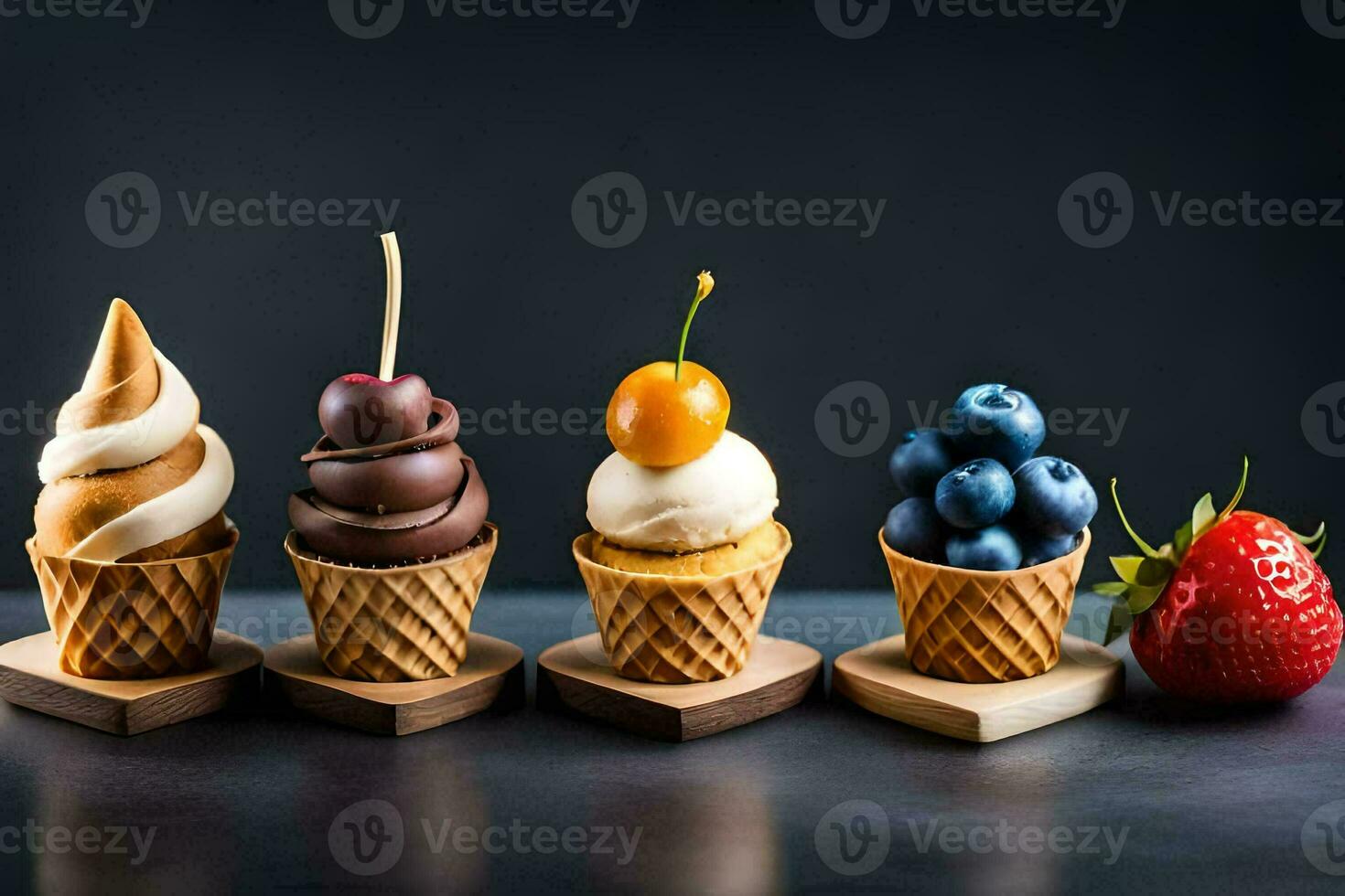 five ice cream cones with different types of desserts. AI-Generated
