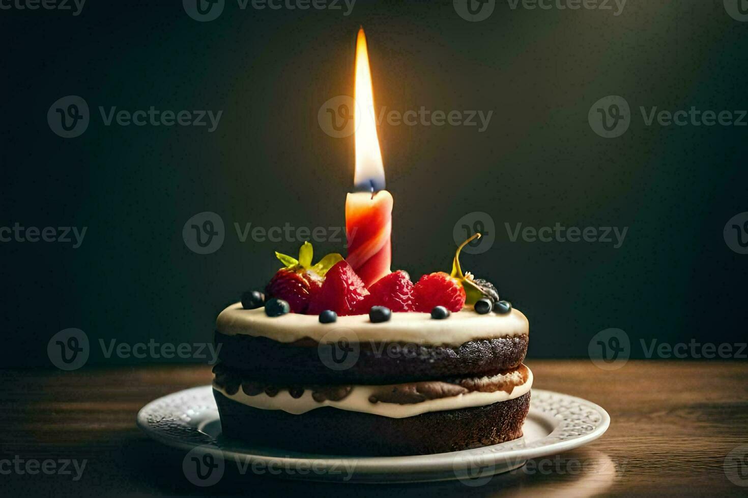 a birthday cake with a single candle. AI-Generated photo