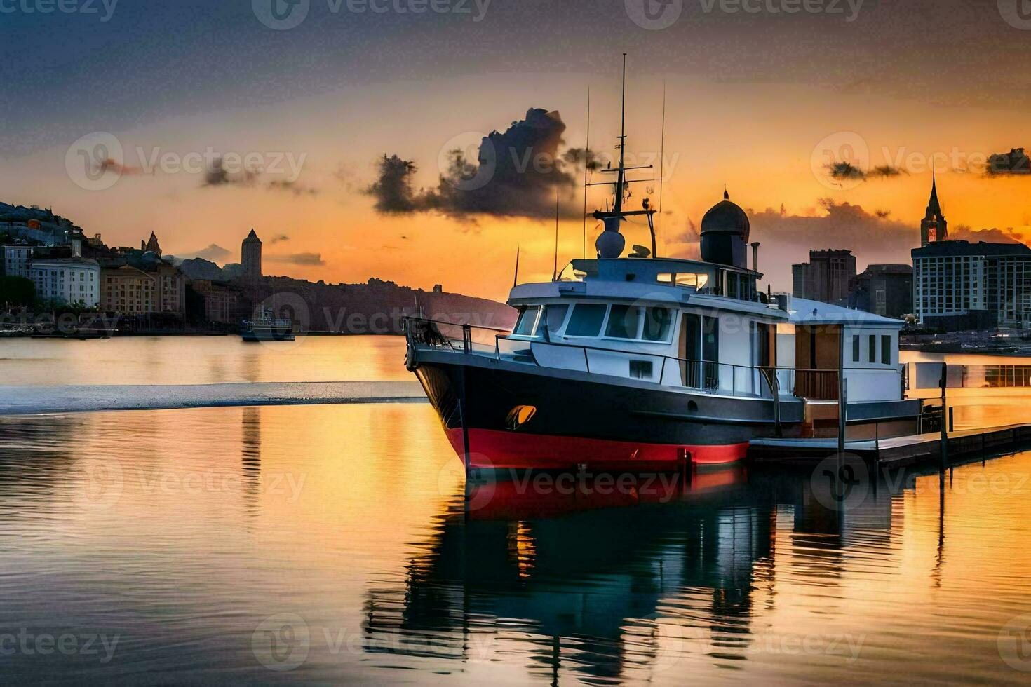 a boat docked at the harbor during sunset. AI-Generated photo