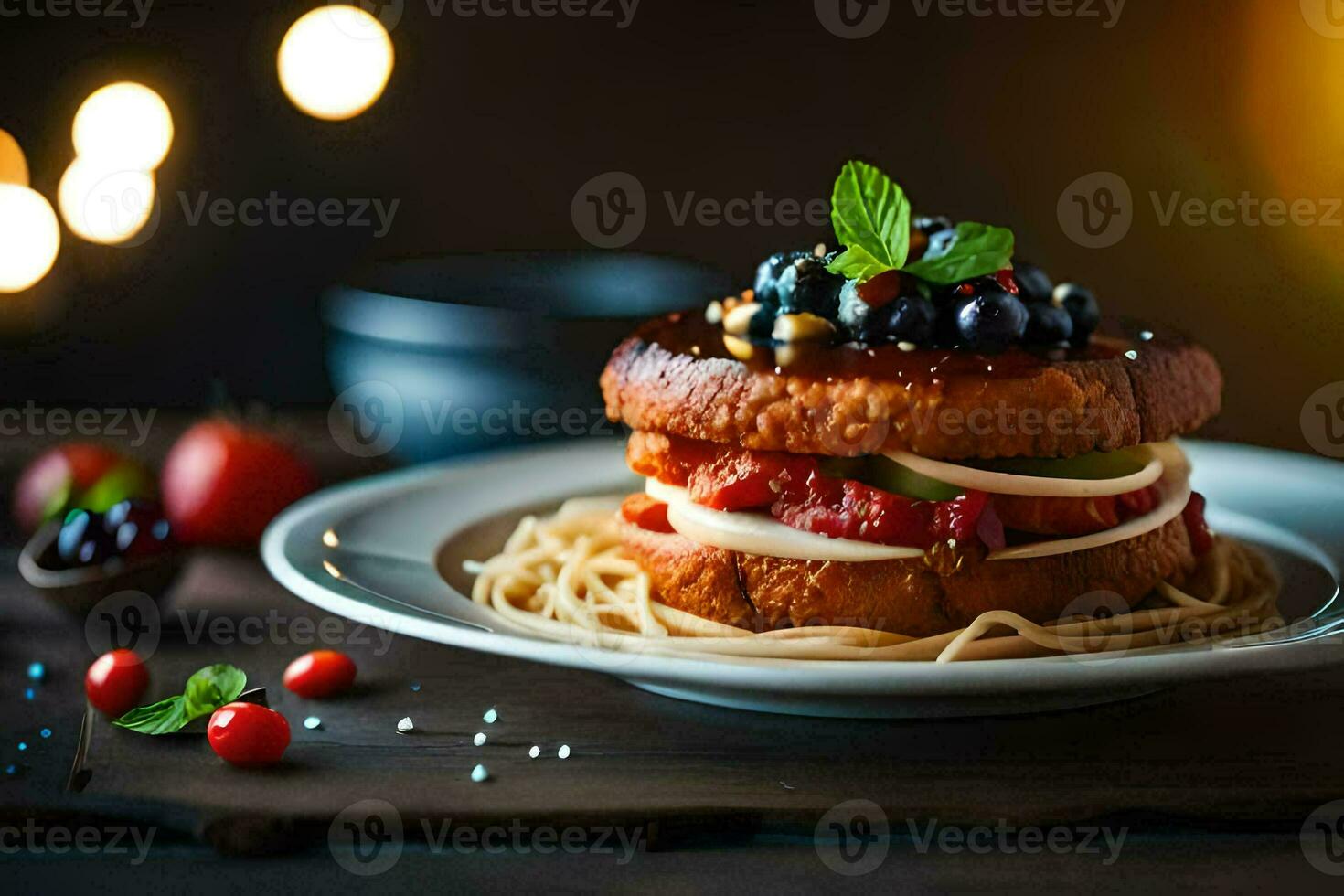 a sandwich with tomatoes, cheese and basil on a plate. AI-Generated photo