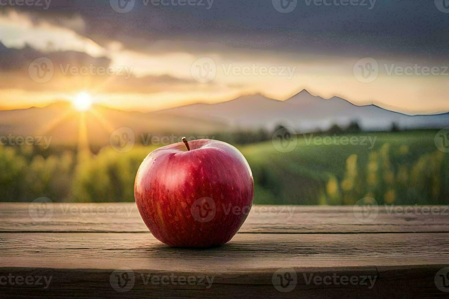 apple on the table in the sunset. AI-Generated photo