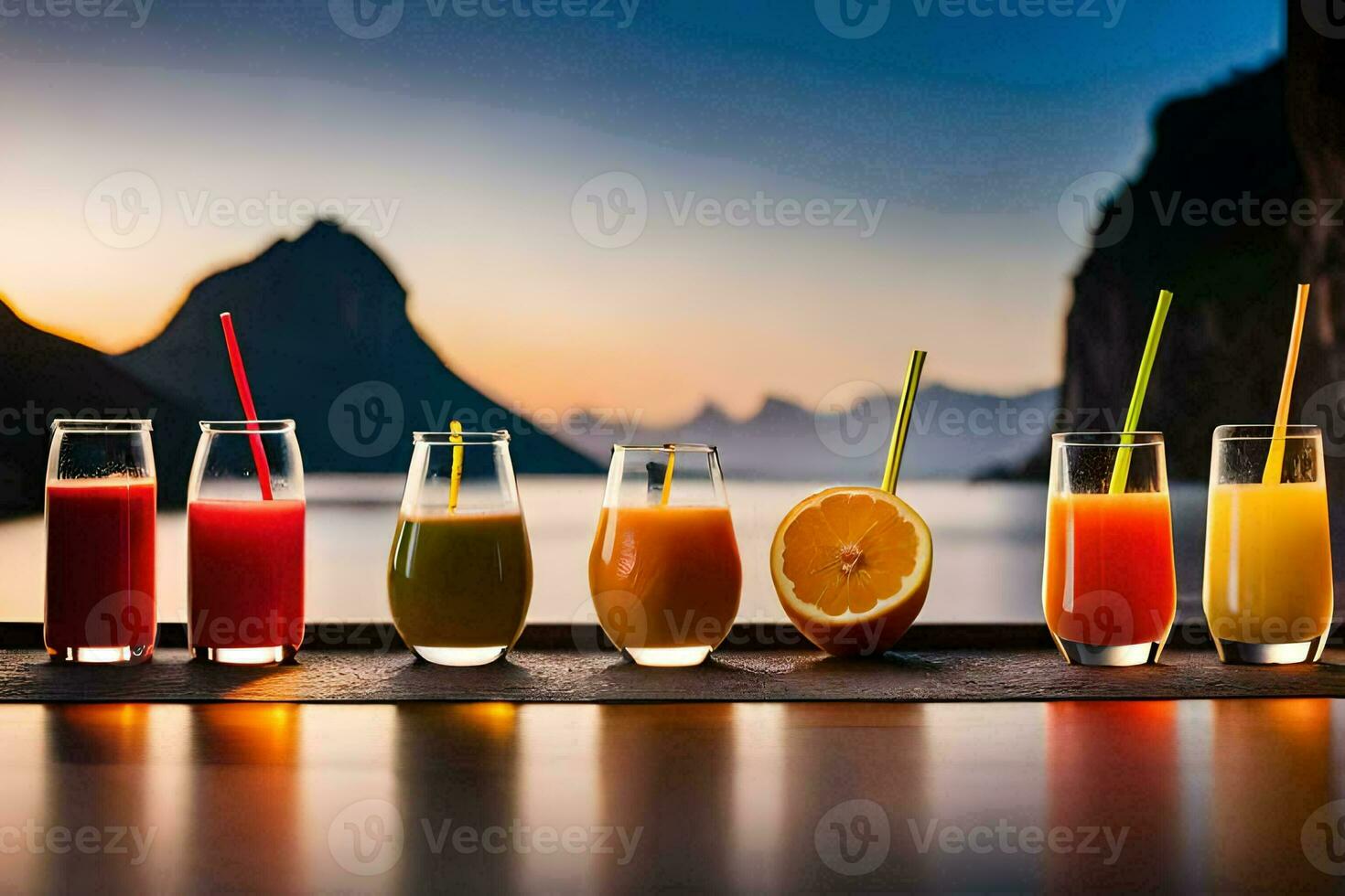 a row of glasses with different colored juices. AI-Generated photo