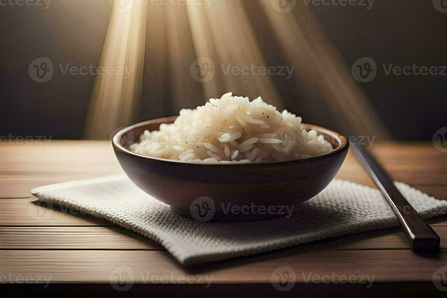 un cuenco de arroz con palillos en un de madera mesa. generado por ai foto
