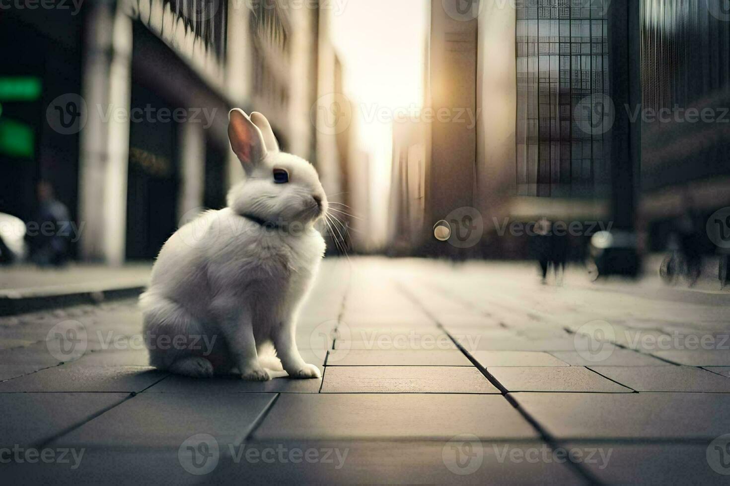 a white rabbit sitting on the street in a city. AI-Generated photo