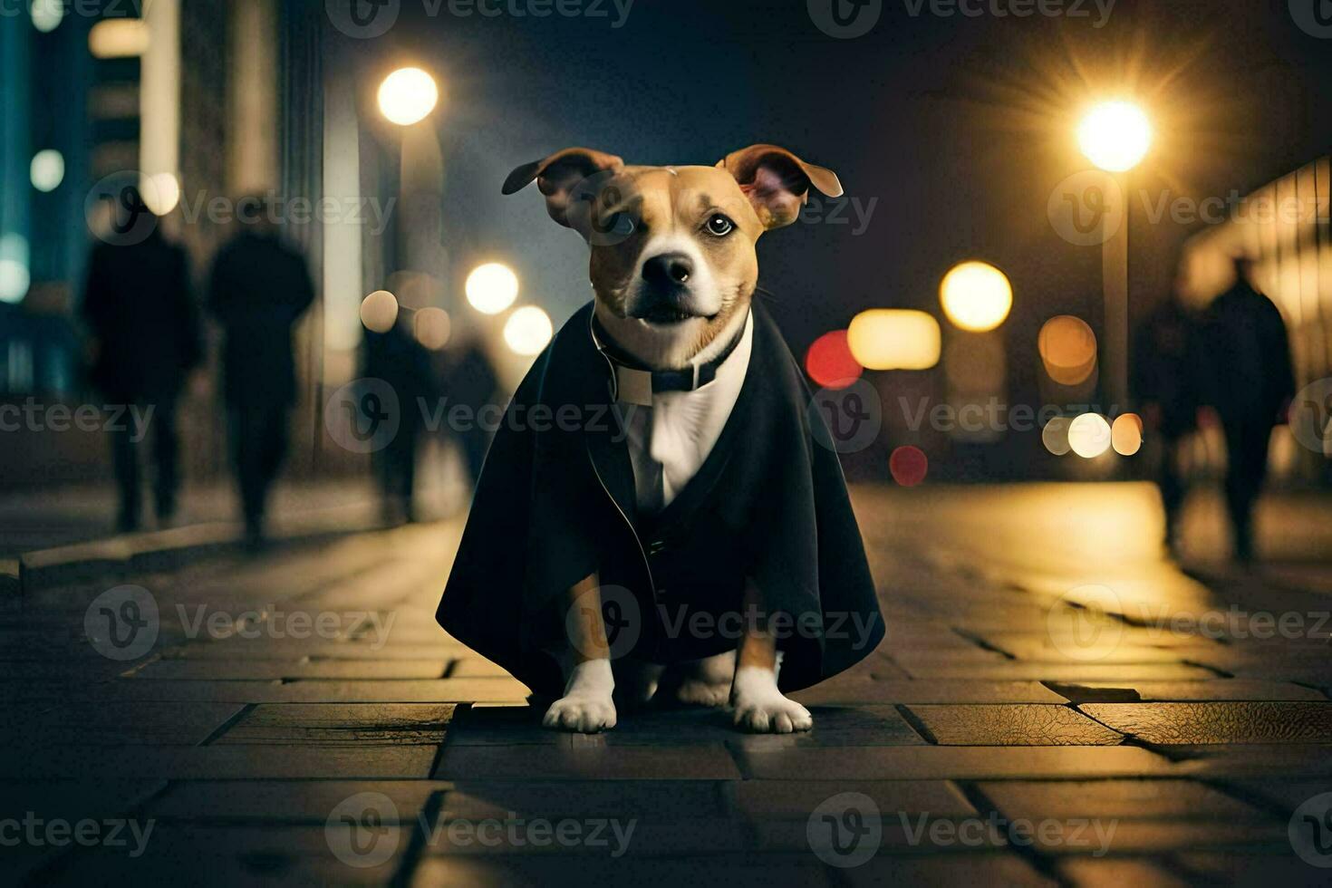 a dog dressed in a tuxedo standing on a street at night. AI-Generated photo