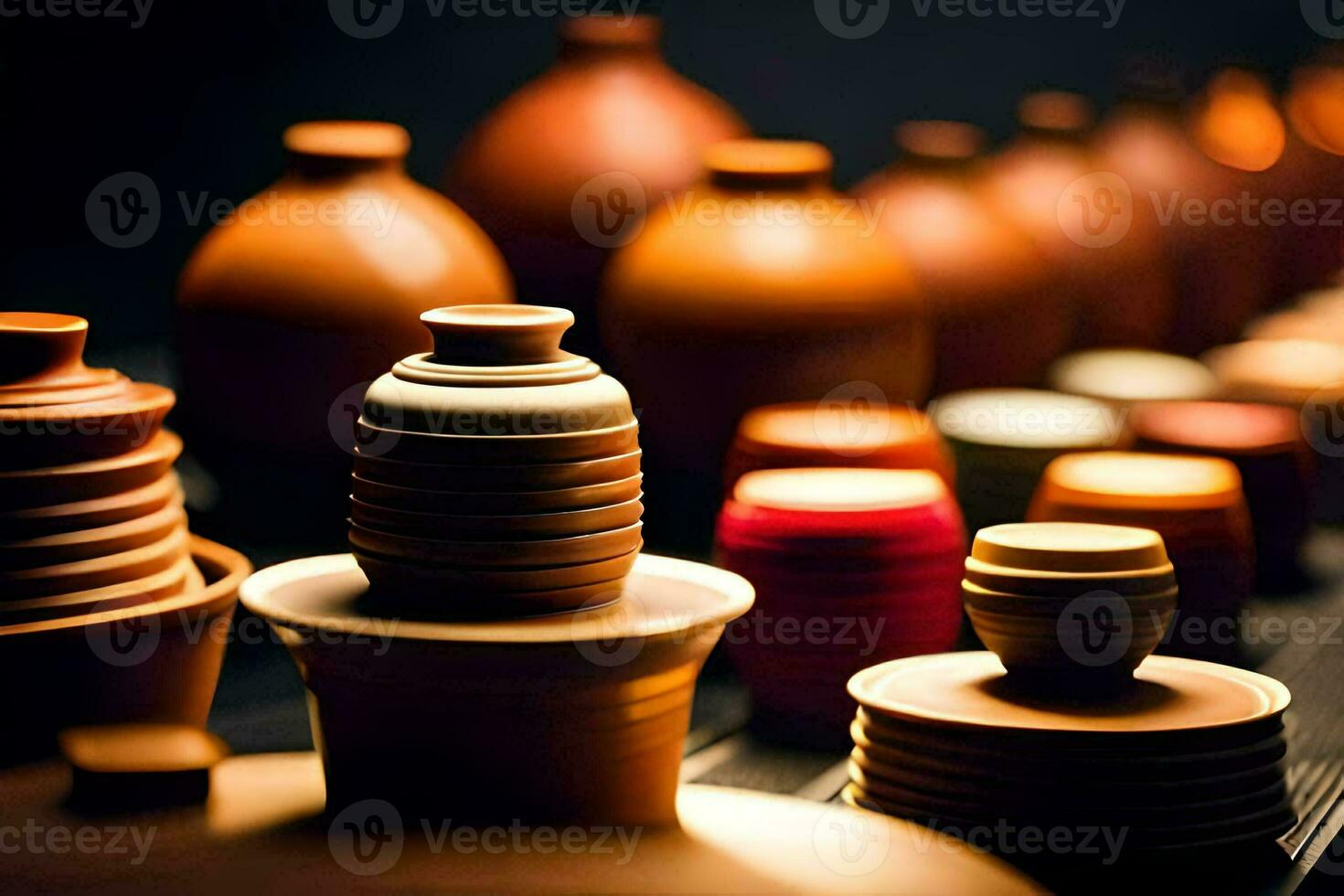 a row of brown vases are lined up. AI-Generated photo