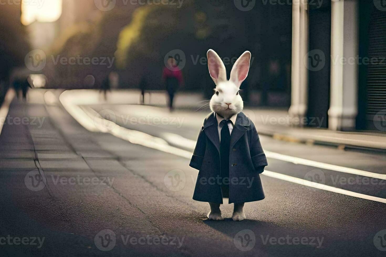 a rabbit dressed in a suit and tie standing on a street. AI-Generated photo