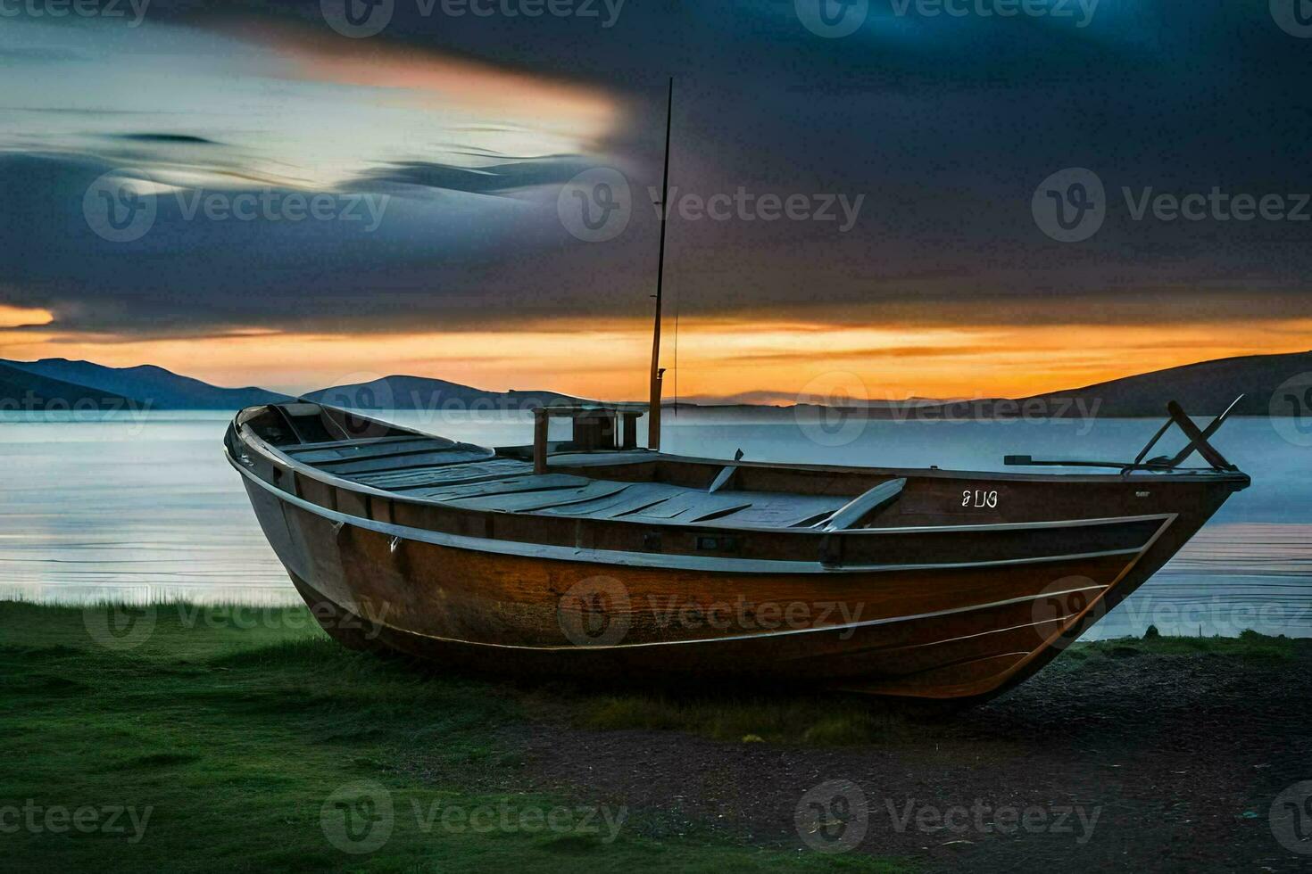 a boat sits on the shore at sunset. AI-Generated photo