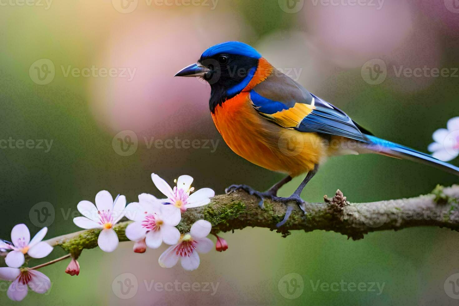 a colorful bird sits on a branch with pink flowers. AI-Generated photo