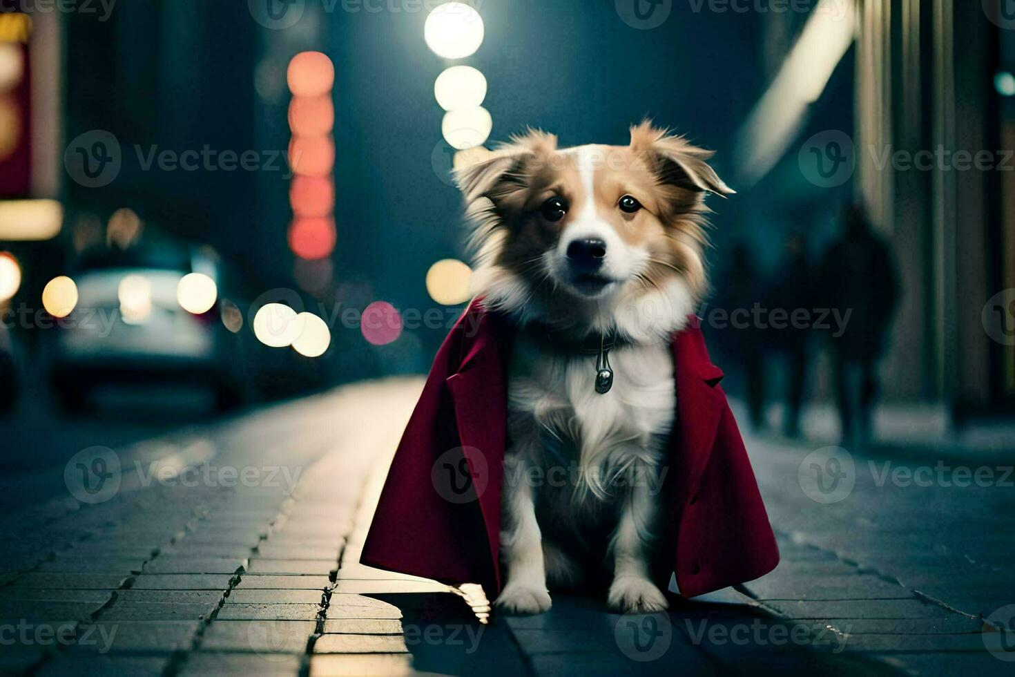 a dog wearing a red cape sits on the street at night. AI-Generated photo