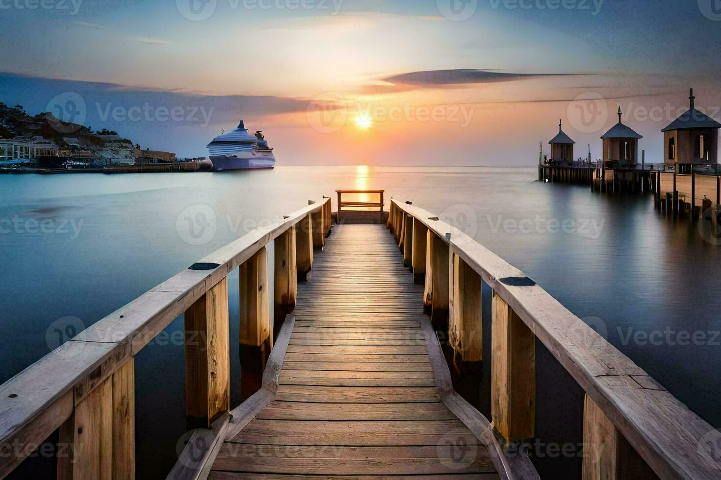 a pier leads to the ocean at sunset. AI-Generated photo