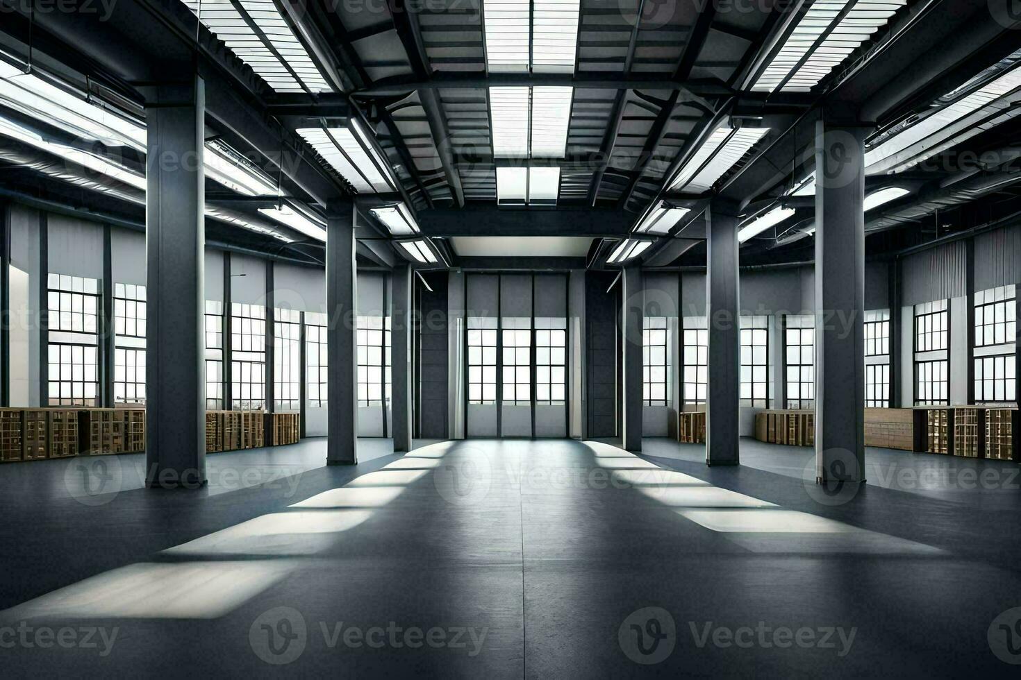 an empty warehouse with large windows and a lot of boxes. AI-Generated photo