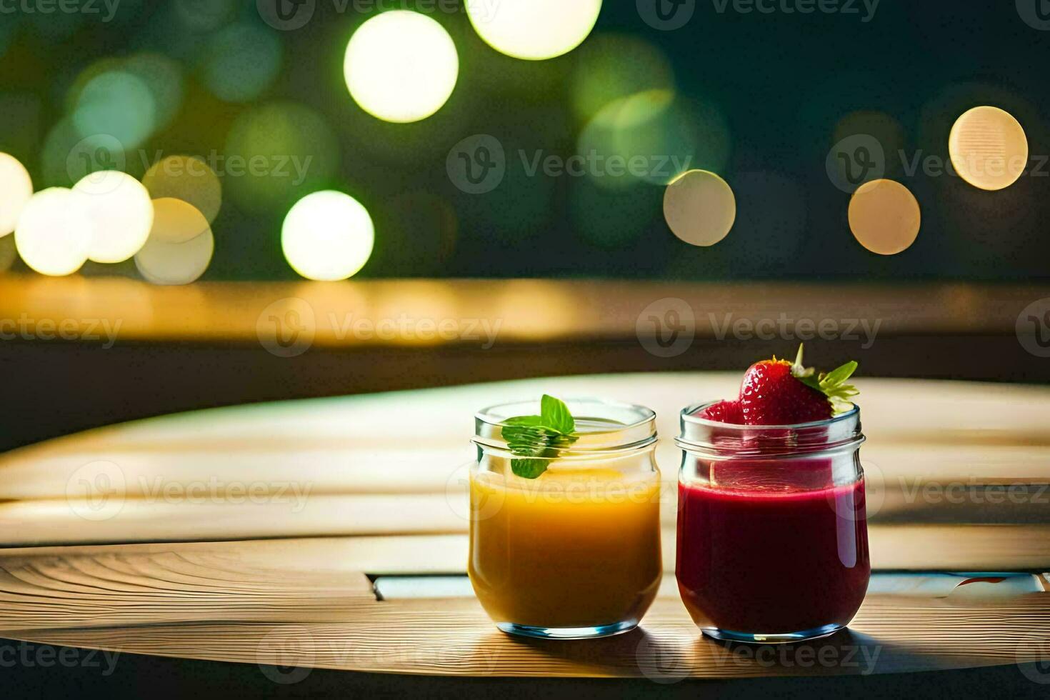 two glasses of juice on a table with a light background. AI-Generated photo