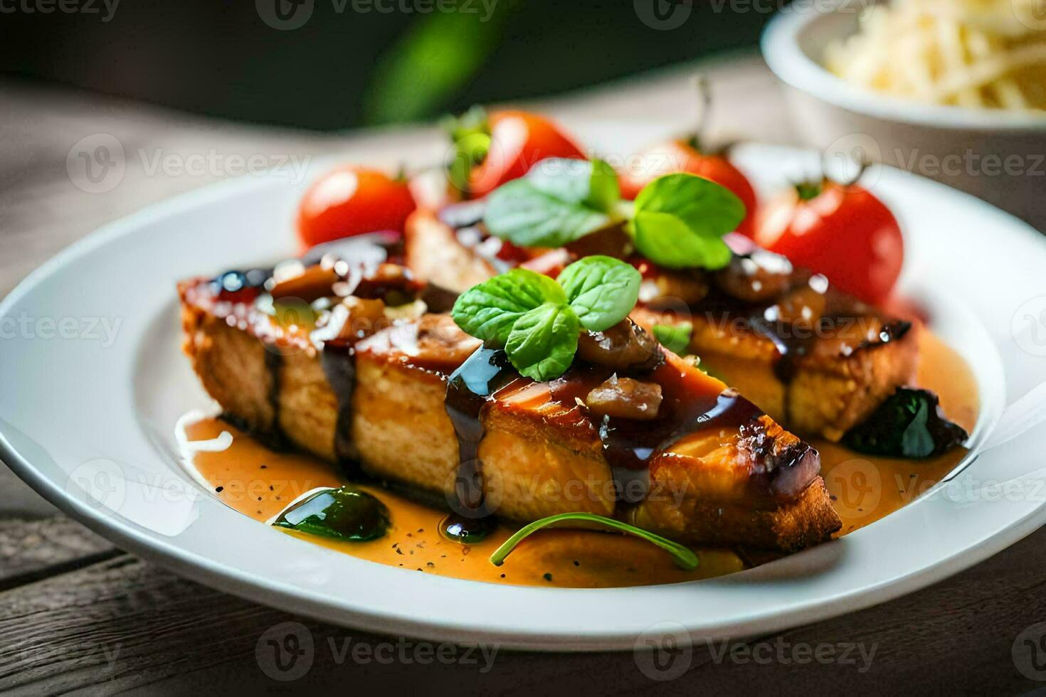 grilled tofu with mushrooms and tomato sauce on a white plate. AI-Generated photo